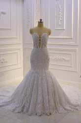 Luxurious 3D Lace Applique High Neck Tulle Mermaid Wedding Dresses